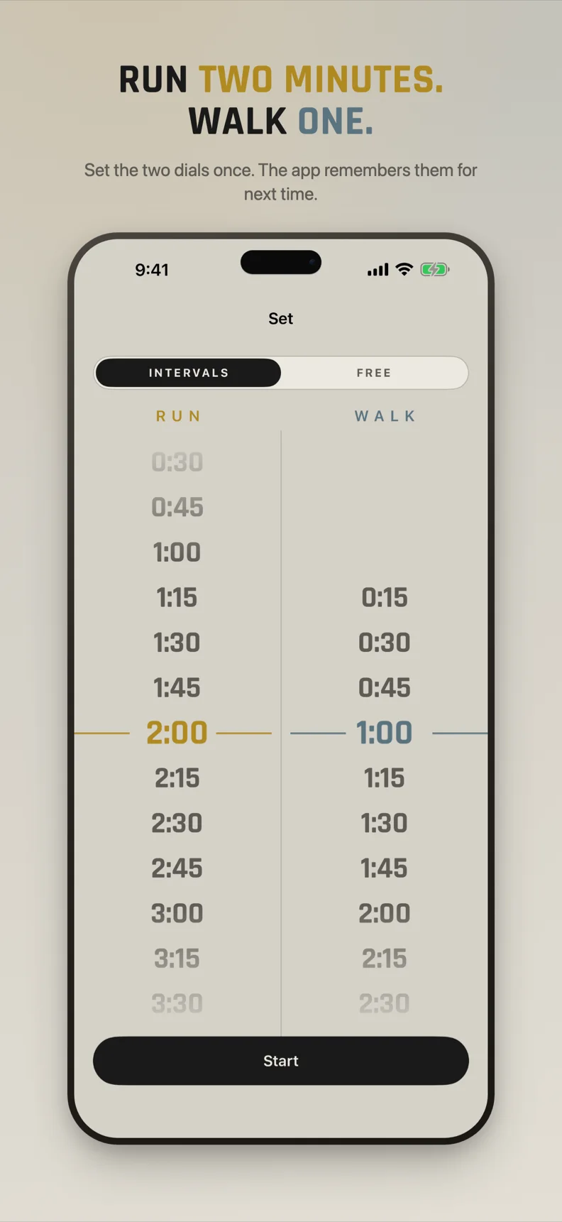 Setting the run dial to two minutes and the walk dial to one minute