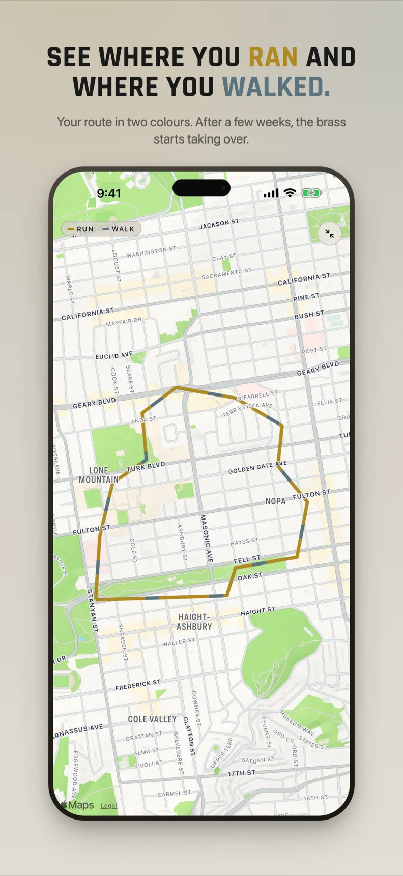 The route of a finished run, drawn in brass where you ran and steel where you walked