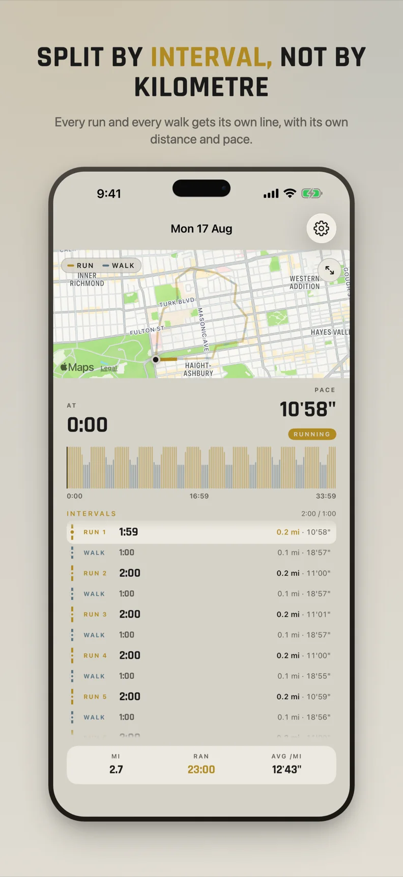 A finished run broken into its intervals, with distance and pace for each one